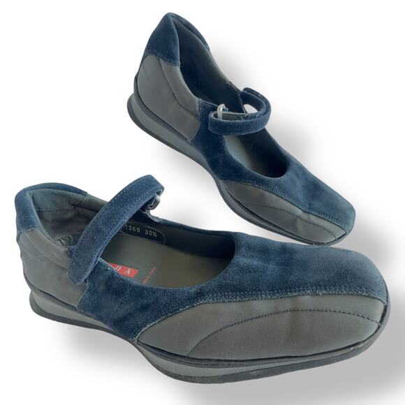 Vintage Prada Blue Suede Mary Jane Trainers Y2K Square Toe Ballerina Flats 8.5 - Picture 1 of 10
